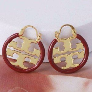 Tory Burch Miller Red Enamel Small Hoop Leverback Earrings With Dust Bag